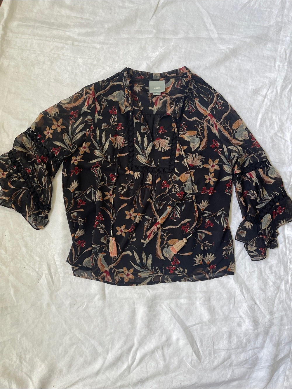 Maeve Black Floral Ruffle-Sleeve Blouse